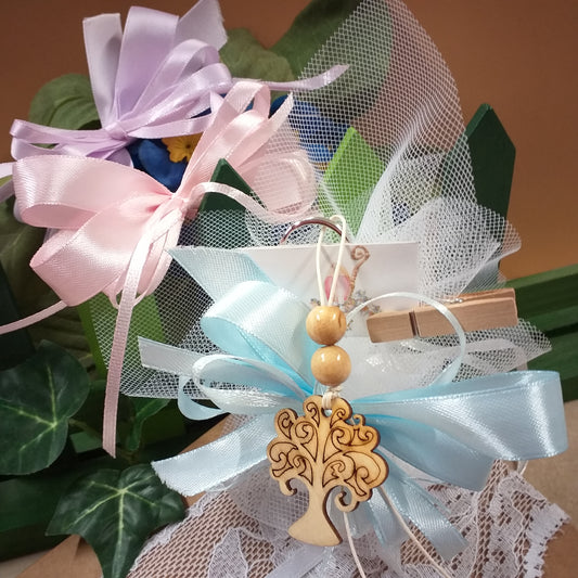 Rosa Lilla Celeste bambini Bomboniere albero della vita portachiavi legno confezionate o kit fai da te colori sacchetto nastro con bigliettino comunione cresima battesimo