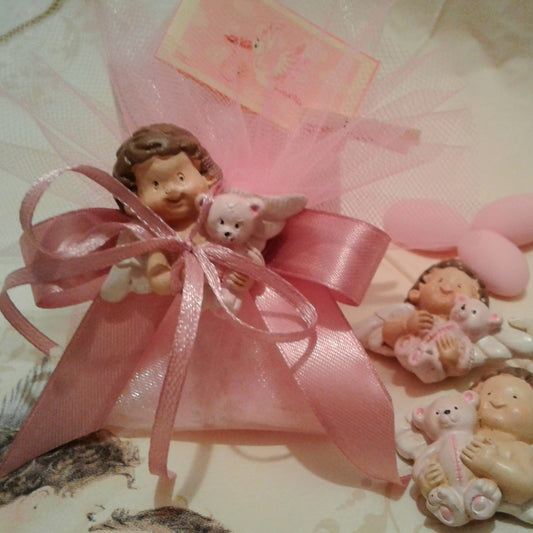 angioletti sacchetto bomboniere magnete calamita confezionate rosa antico per bimba femminuccia