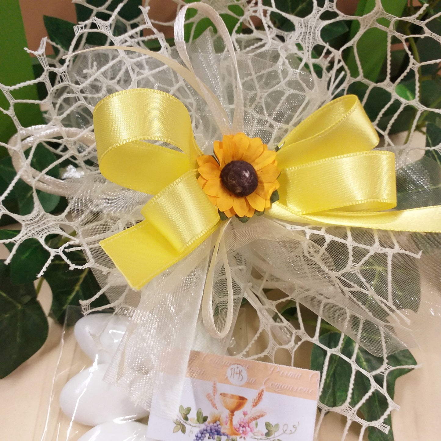 rete tulle panna avorio sacchetti matrimonio coccarda girasoli bomboniere confezionate confetti bigliettino stampato o kit fai da te