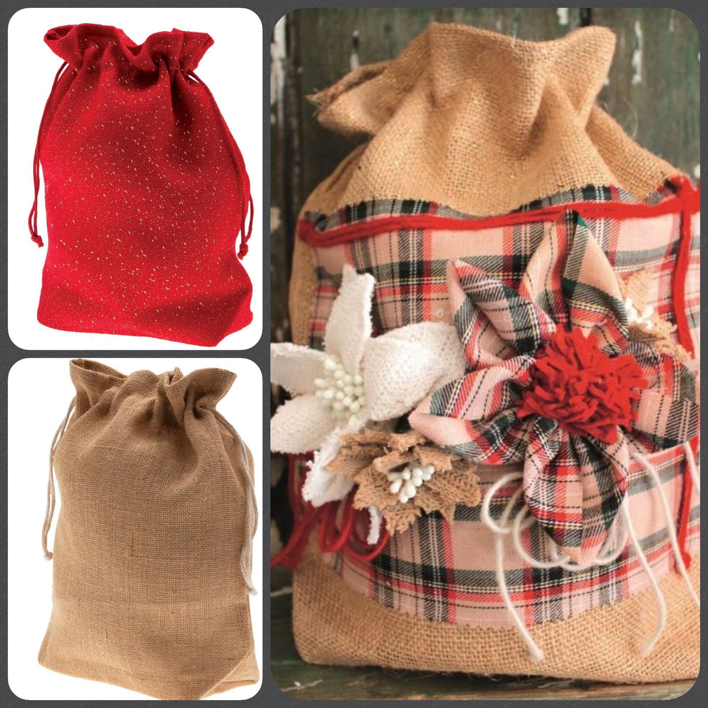 sacco juta rosso e naturale idea fai da te hobbistica stelle di Natale per decorare porta-panettone confezione regalo vetrinistica packaging albero