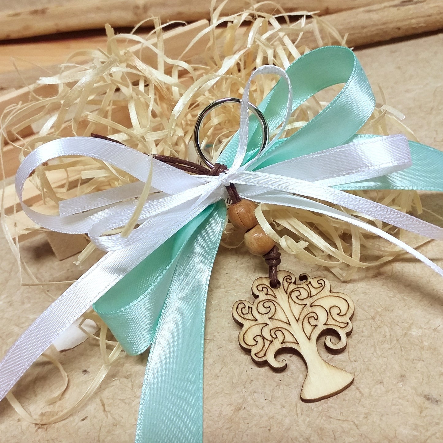 verde acqua mare coccarda fiocco per portachiavi legno albero della vita shabby ciondolo segnaposto economico prima comunione cresima battesimo matrimonio