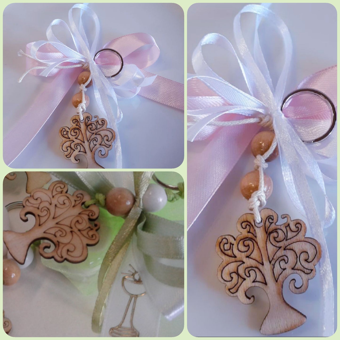 portachiavi albero della vita legno ciondolo segnaposto bianco rosa verde prima comunione cresima battesimo matrimonio Wedding