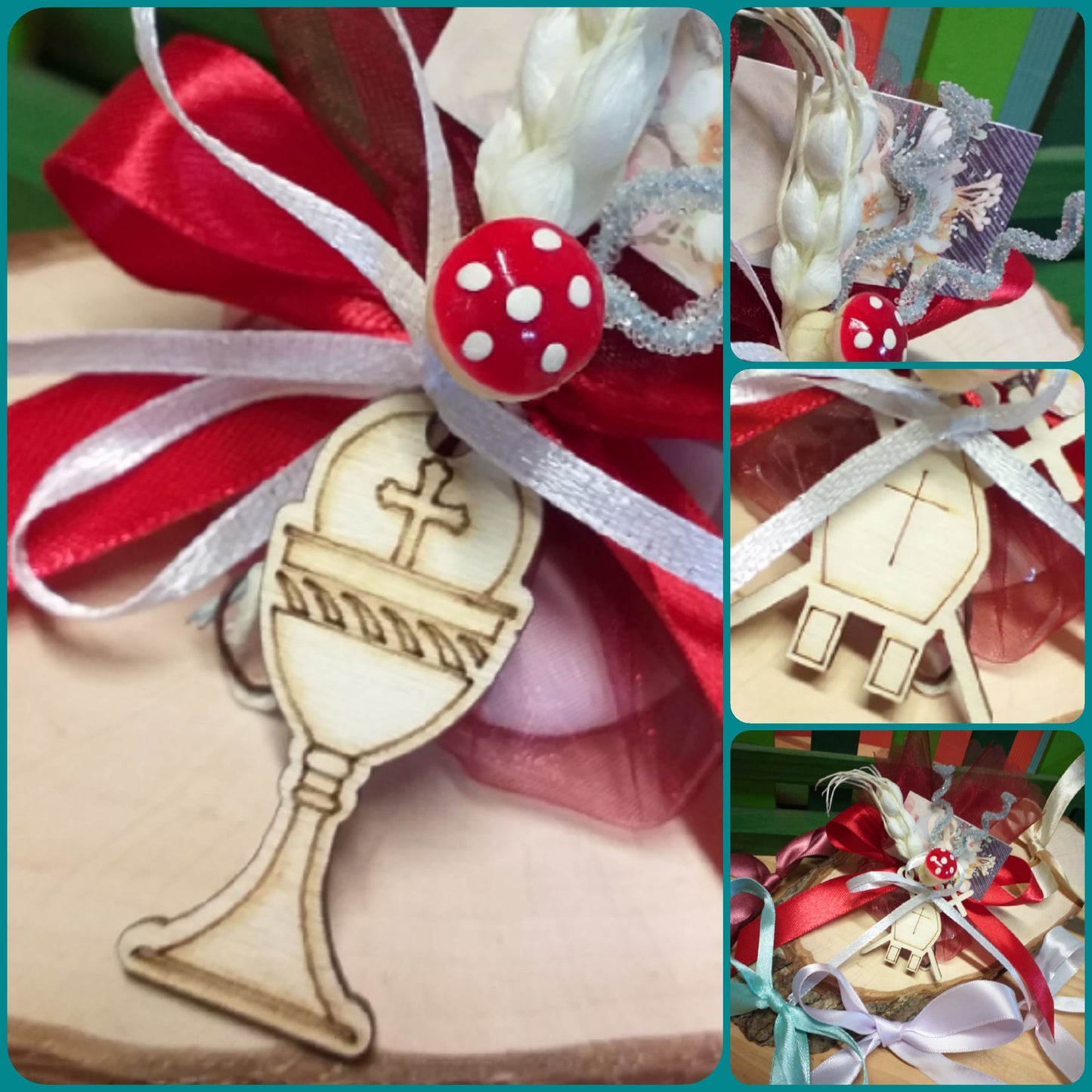 dettagli sacchettino Prima Comunione Santa Cresima rosso cardinale ciondolo calice legno Mitria vescovile applicazione bigliettino coccarda bouquet spiga composizione floreale con simboli confezionato confetti