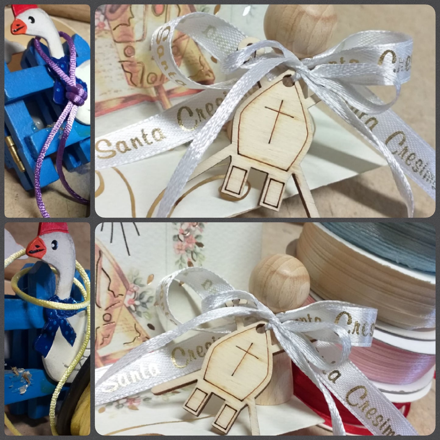 scelta colore personalizzato di angelo stilizzato shabby country chic segnaposto originali Prima Comunione Santa Cresima Santo Giorno coccarda fiocco nastro ciondolo pirografato legno simboli Mitria vescovo pastorale