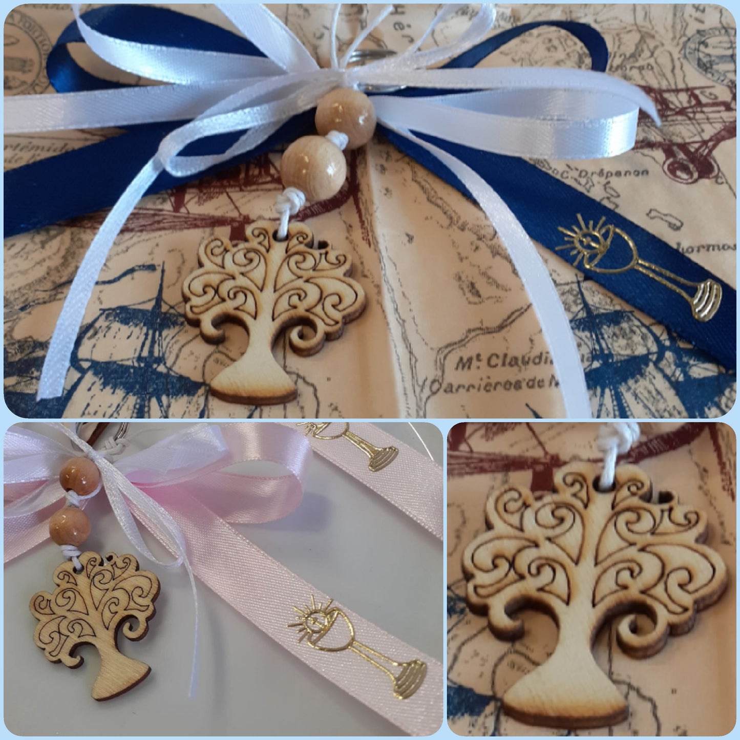 portachiavi con gancio cordoncino perline ciondolo albero della vita legno segnaposto coccarda prima comunione cresima bambino bambina