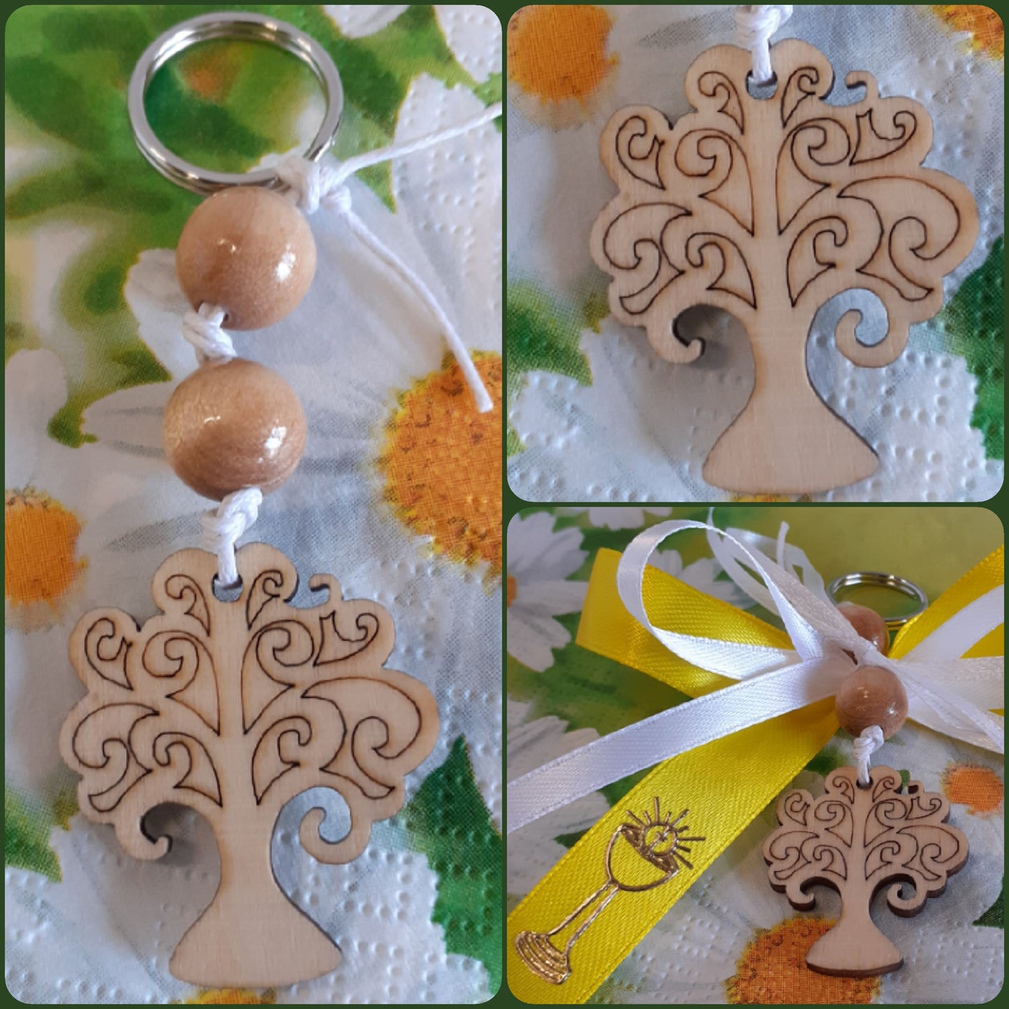 vetrina negozio portachiavi albero vita legno perline e cordoncino fatti a mano artigianali segnaposto per matrimonio comunione cresima battesimo economici