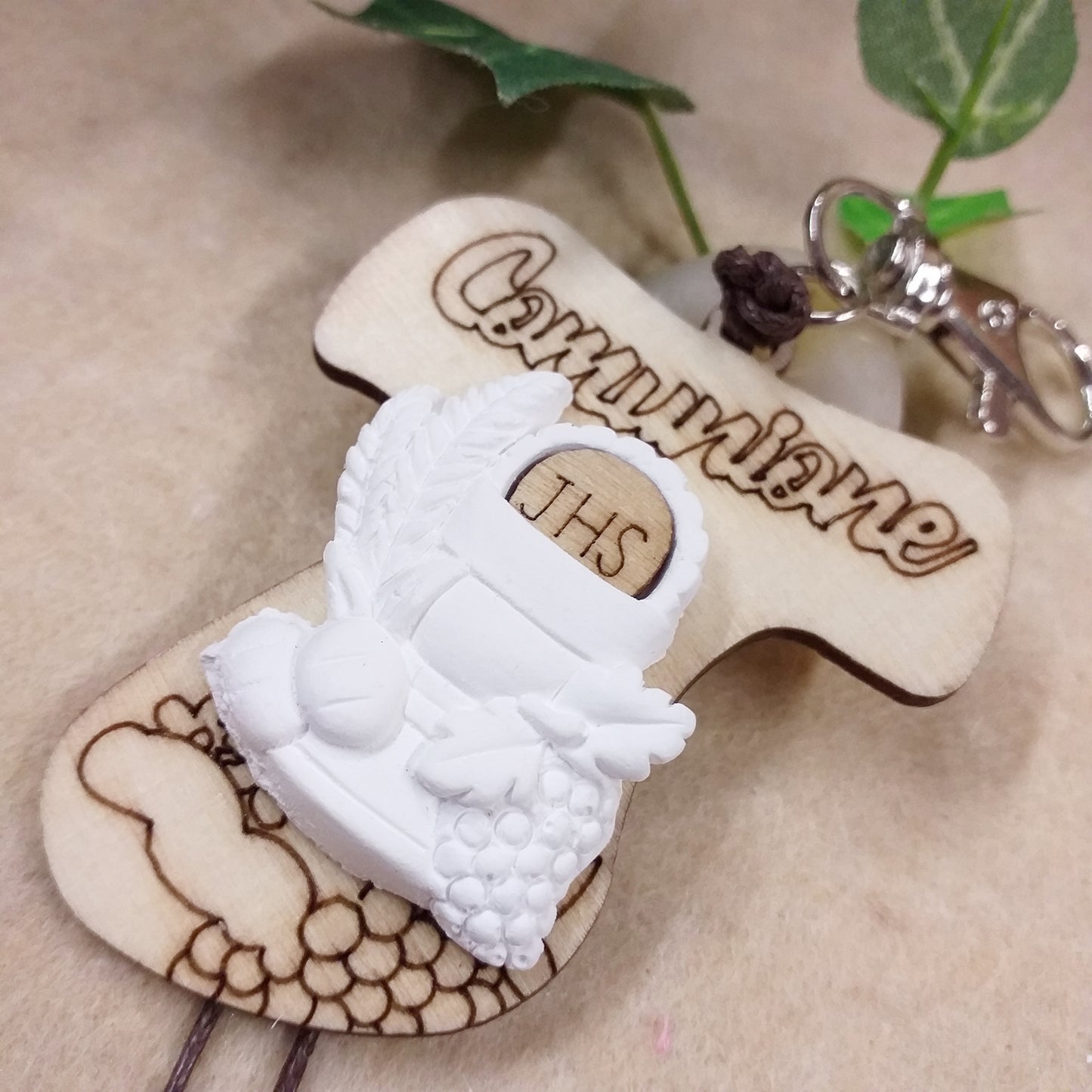 kit fai da te Croce Tau grande legno pirografia simboli Comunione Cresima applicazione gesso calice spighe uva simboli versione portachiavi cordino moschettone gancio