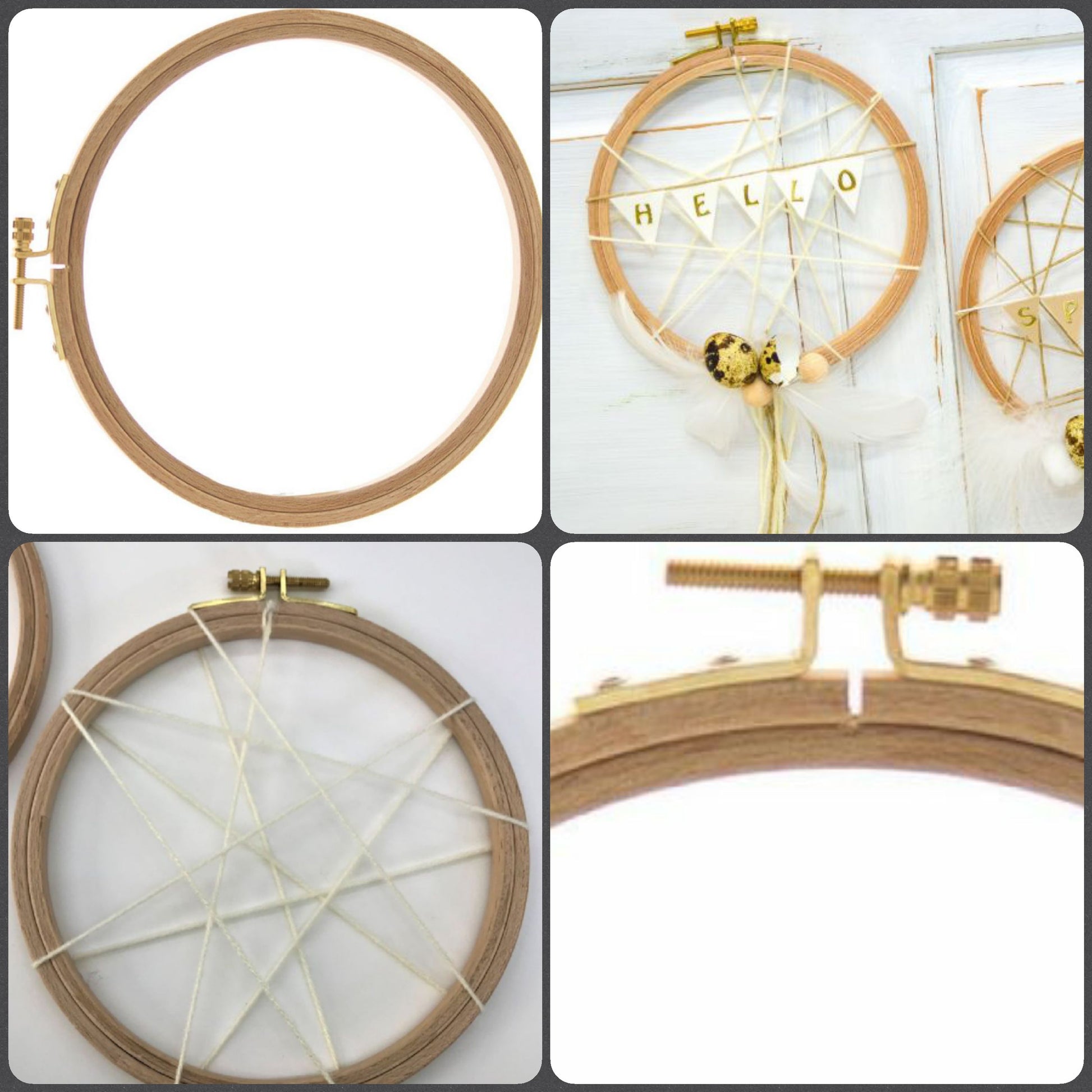 idea fai da te decorazioni fili spago uova telaio di legno con vite regolabile cerchio anello cornice rotondo per ricamo punto croce inserire tessuto da ricamare stoffa tela aida