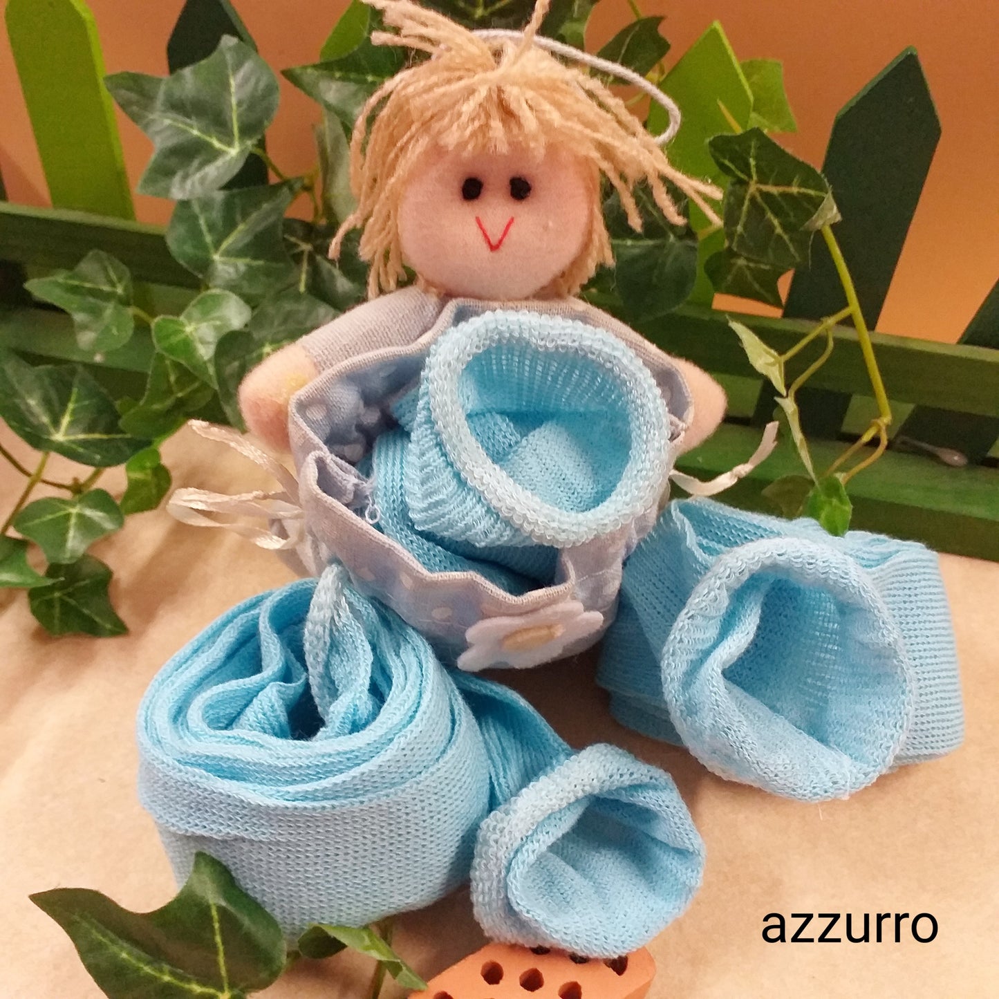 azzurro celeste stoffa tessuto gnomi natale bambole renkalik accessori pigottine mini tubolari per braccia gambe scarpine visi faccine