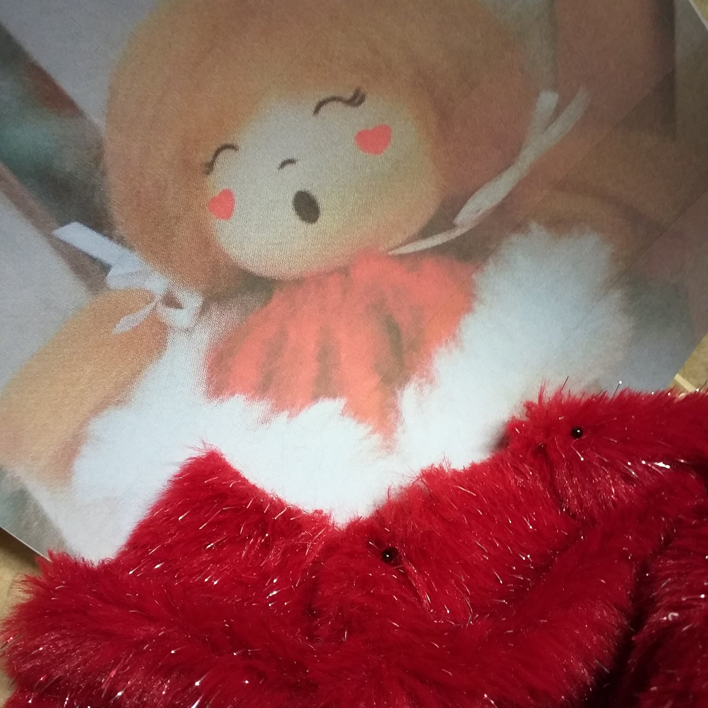 rosso glitterato tessuto pelliccia sintetica natalizia con brillantini lamè lurex stoffa uso hobbistica pelo corto plush idea fai da te angioletto bambola albero natale e creare gnomi pupazzi folletti elfi fate angeli