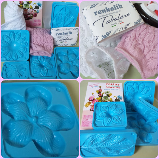 tubolari pizzo teletta termoadesiva resina stampi fiori fommy gomma crepla renkalik thikas silvestre gerbere, margherite, magnolie, rose, foglie e farfalle, dalia