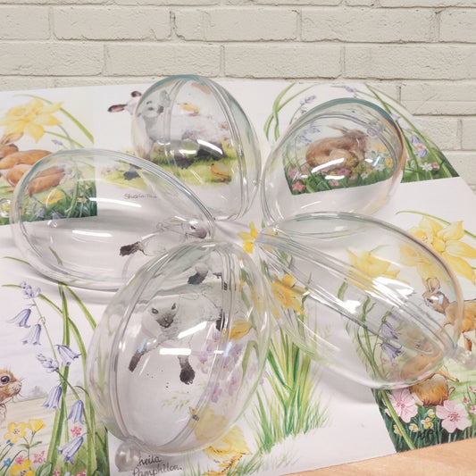 uova plastica plexiglass apribili divisibili trasparenti da riempire e decorare decoupage pasquali tovagliolo pecora coniglietti fiori