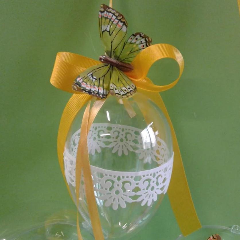 uovo fai da te con kit materiali hobby creativi Pasqua pizzo pannolenci feltro adesivo farfalle nastro