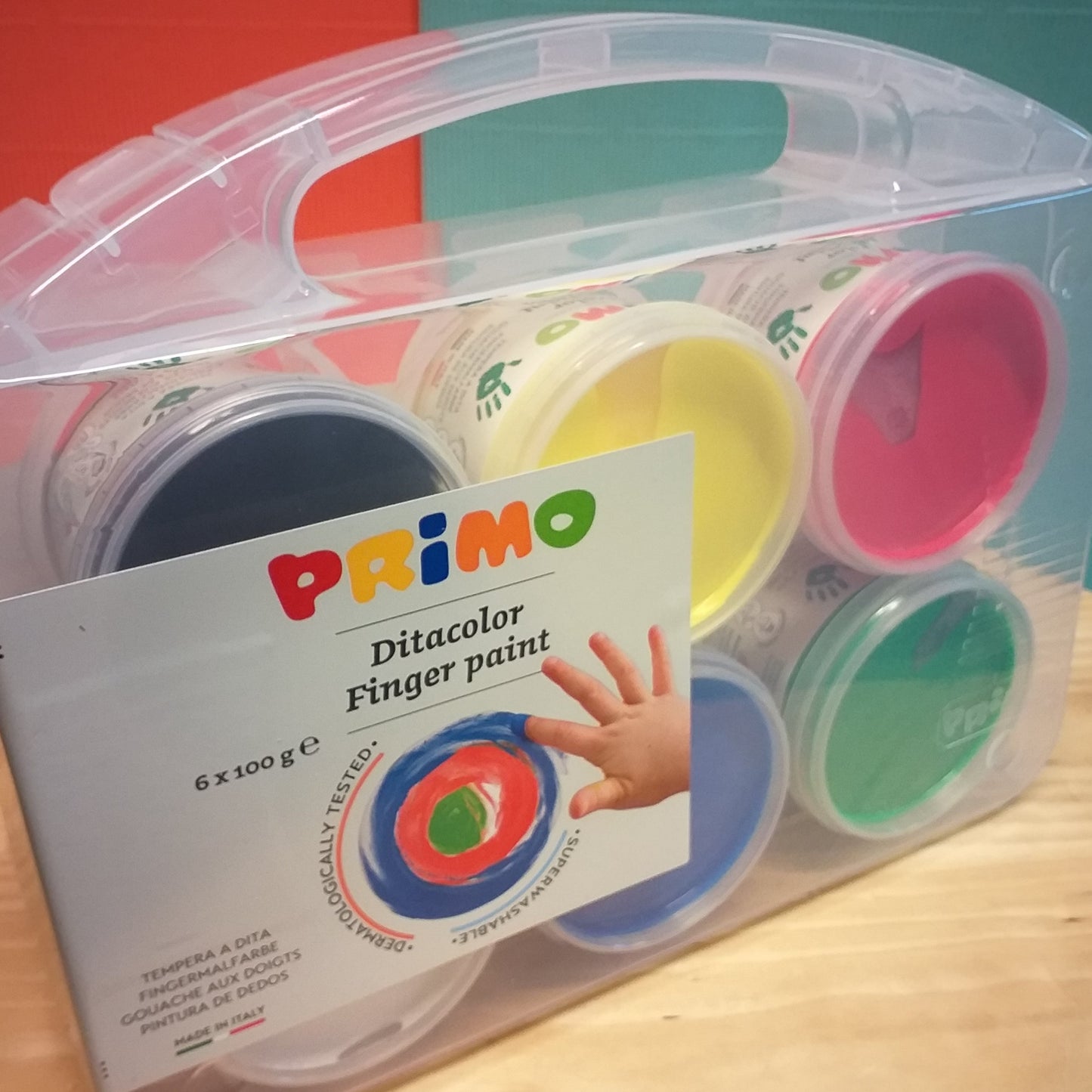 valigetta bambini piccoli 6 barattoli colori tempere a dita mani Primo Ditacolor finger paint per dipingere pitturare colorare disegni e lavoretti