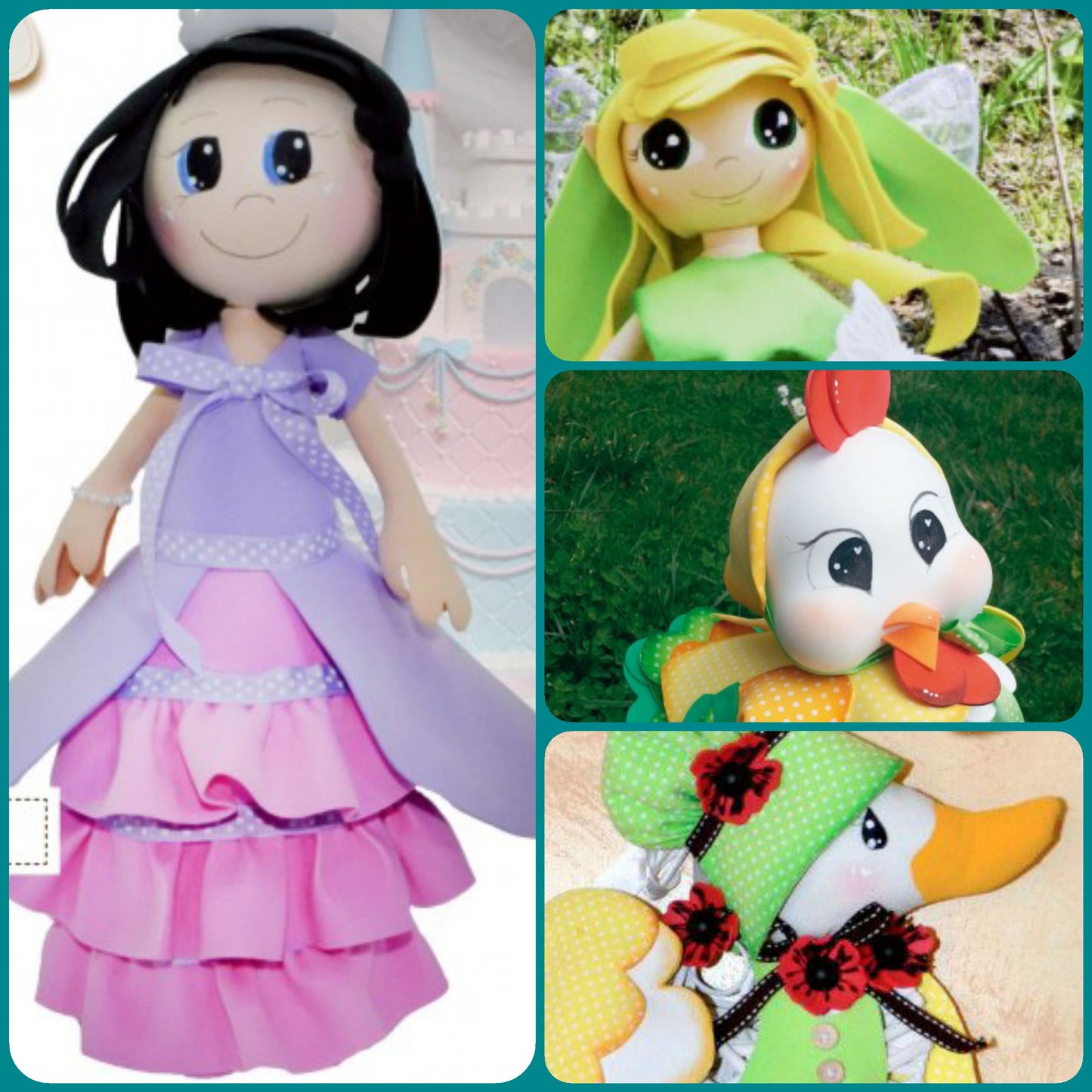 vetrina idee pasquali kit fommy gomma crepla bamboline lilla fata del bosco verde pupazzi di gallina o pulcino e papera country home materiali e cartamodelli schemi tutorial