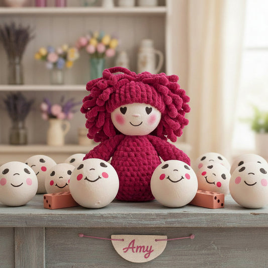 Amy viso sorridente occhi cuoricini di testine con faccine dipinte stampate disegnate su ovatta tinta carne uso per fofuchas fommy bambole gomma crepla angioletti natalizi fatine angeli bomboniere bamboline pigottine di stoffa pezza accessori hobby creativi fai da te