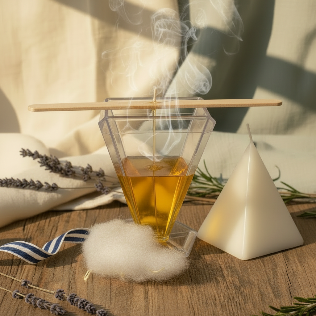 stampo candele piramide trasparente con candela fai da te e lavanda