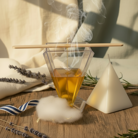 stampo candele piramide trasparente con candela fai da te e lavanda