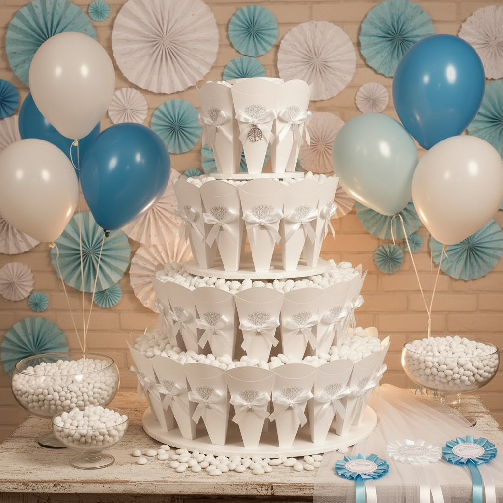 matrimonio bianco blu azzurro confettata confetti bianchi classici calici di vetro torta coni portaconfetti per sposi con albero della vita fiocchetto bianco allestimento palloncini e coccarde di carta