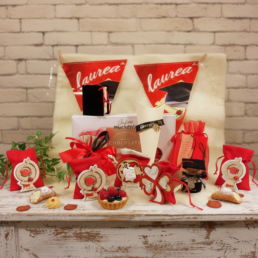 allestimento laurea rosso beige nero, portaconfetti piantine legno con sacchettini dolcetti vasetti barattolini tema tocco gufo mappaondo coni portaconfetti bandierine runner libro