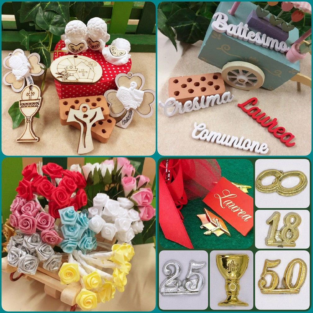 fai da te bomboniere confetti con nastri accessori applicazione gessetto scritta legnetti fiorellini