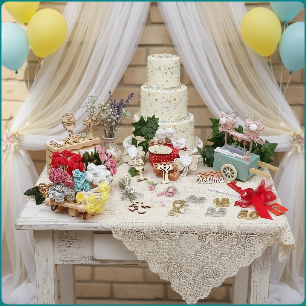 drappeggi di tulle palloncini gialli azzurri torta di confetti applicazioni addobbi legno resina plastica simboli per bomboniere fai da te scritte come Cresima Battesimo laurea, fiorellini