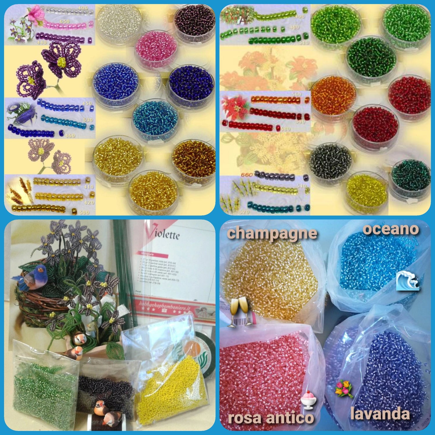 22 colori perline conteria rocailles di vetro argentate negozio di vendita online e kit violette con manuale libretto