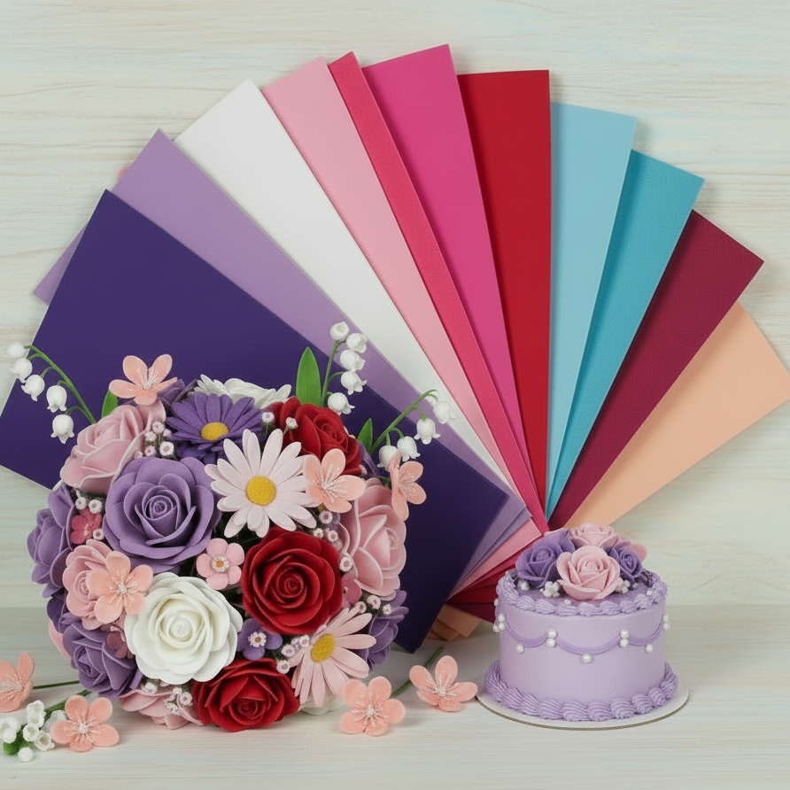 fommy seta gomma crepla 0.7 mm sottilissima da modellare con le mani colori assortiti misti uso creare fiori pasquali torte scenografiche coreografia allestimento eventi