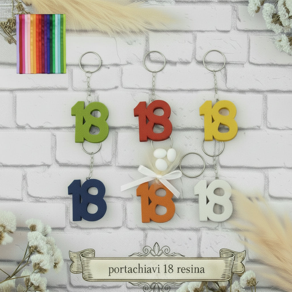 numero 18 anni ciondolo resina plex portachiavi bomboniera segnaposto diciottesimo ricordino compleanno oggettino aprifesta chiudifesta confezionare confetti italiani fiocchi