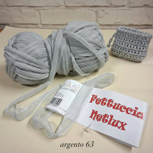 63 argento fettuccia Netlux filato di tulle glitter per borse uncinetto cappelli copricostume maglie estivo abbigliamento moda mare spiaggia piscina shopper clutch bags colori fashion pochette borsellino