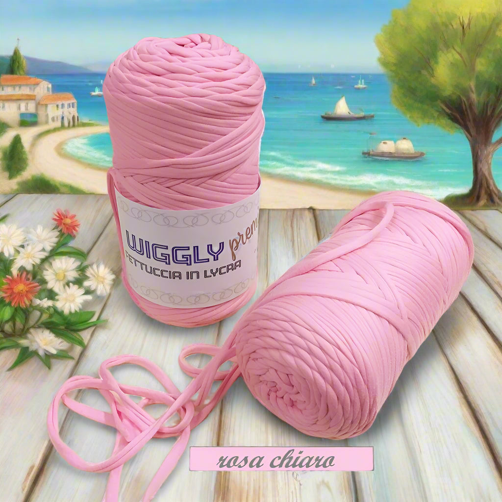 rosa chiaro shop lycra soft fettuccia borse uncinetto produttore Cucirini Tre Stelle Wiggly Premium poliestere con elastane morbida uso crochet pochette clutch bags abbigliamento moda shopper cestini