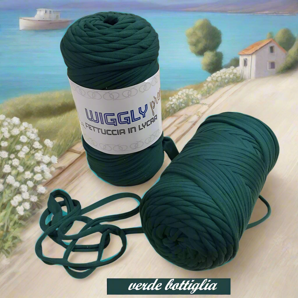 verde bottiglia shop lycra soft fettuccia borse uncinetto produttore Cucirini Tre Stelle Wiggly Premium poliestere con elastane morbida uso crochet pochette clutch bags abbigliamento moda shopper cestini