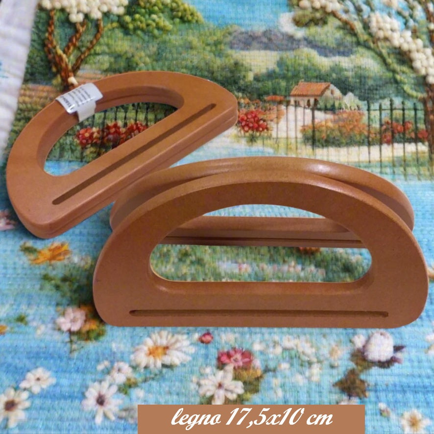 coppia manici legno forma ovali a D maniglie per borsette accessori fai da te uso chiusure borse uncinetto artigianali fatte a mano con fettuccia cordini thai cordoncini macramè rafia tessuto feltro velluto