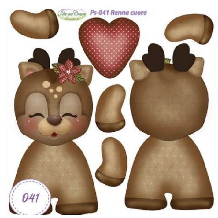 renna cuore ps-041 bambola di pezza decorazioni per albero vetrine shop vendita online idee per creare pannelli pannolenci stampati Natale piccoli 25 x 25 cm disegni soggetti