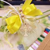 sacchetto confetti giallo portachiavi albero della vita ciondolo legno pirografato corda perle nastro giallo kit fai da te o confezionato bomboniera