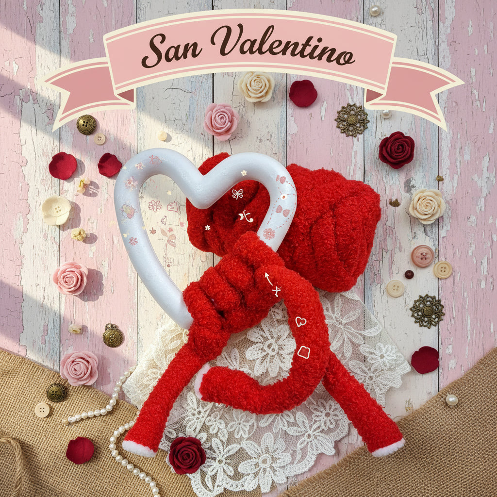 come realizzare allestimento vetrina bella di san valentino con petali rose di stoffa filigrane bottoni shabby chic juta e pizzo fili di perle, rivestire fuoriporta corona forma cuore con filato imbottito marshmallow da intrecciare a mano