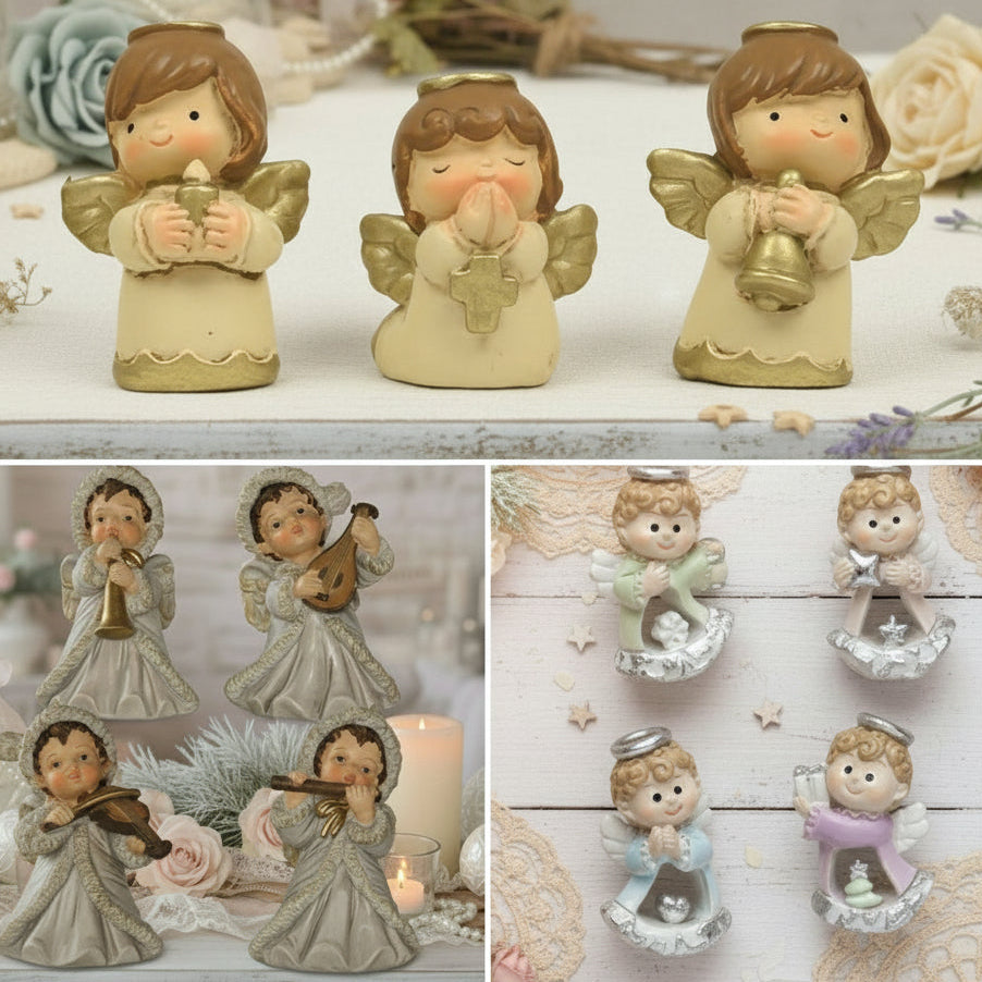 colori pastello bianco oro angeli bomboniere statuine forma angioletto custode idee regalo per Battesimo Comunione Cresima statuette da collezione vetrinistica ricordini natalizi oggettini pensierini come segnaposto