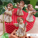 statuine resina 4 cm colorata panna oro forma angioletto idea regalo angeli bomboniere Battesimo Cresima Comunione Natale 4 pose strumenti musicali mandolino violino fisarmonica flauto