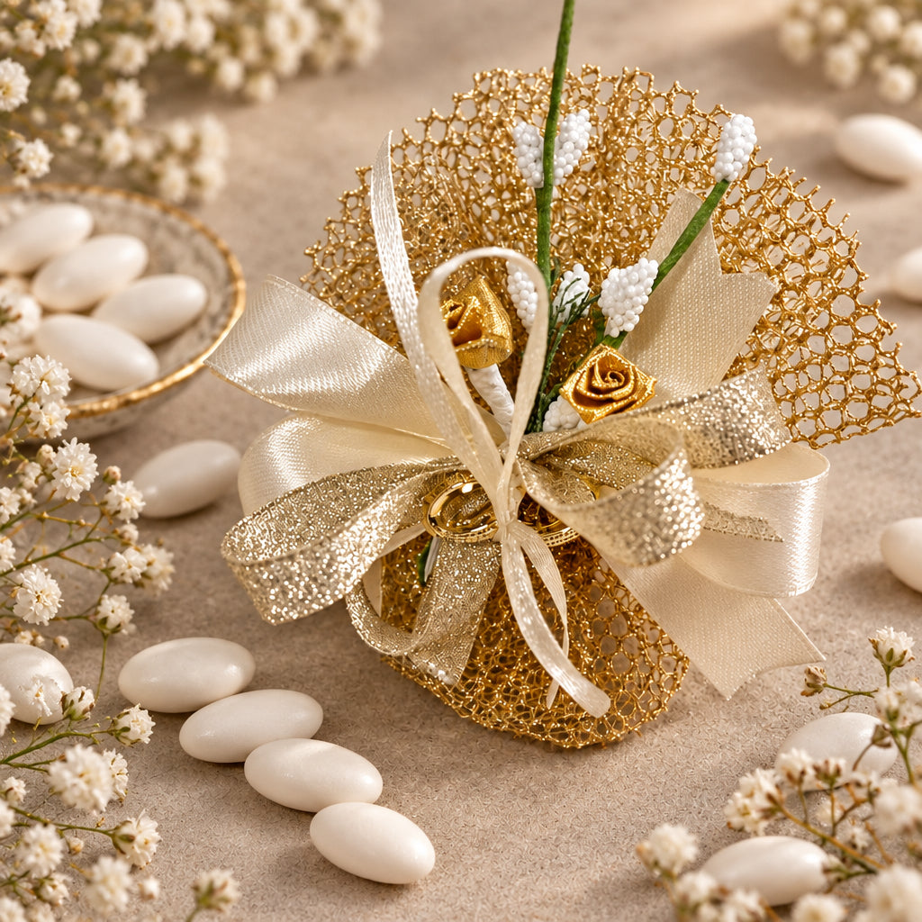simbolo fedi applicazioni bomboniere sacchetto portaconfetti dorato coccarda oro panna fiori confezionato confetti
