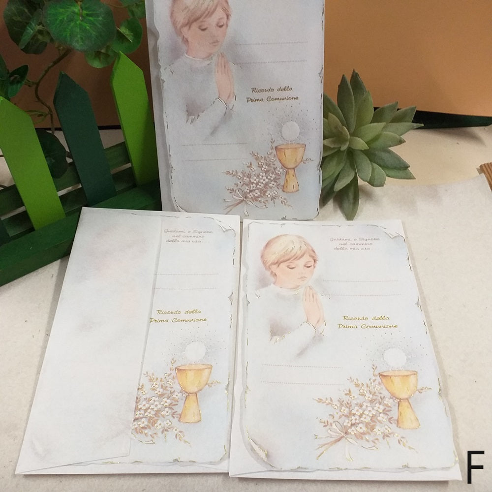 gigli Calice bambino in preghiera oro lotto F rinnovo vetrina vendita stock ultimi pezzi invito pergamena cresima biglietti cartoncini completi di busta da stampare fai da te scrittura a mano