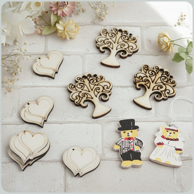 Decorazioni legno bomboniere ciondoli applicazioni scrap art