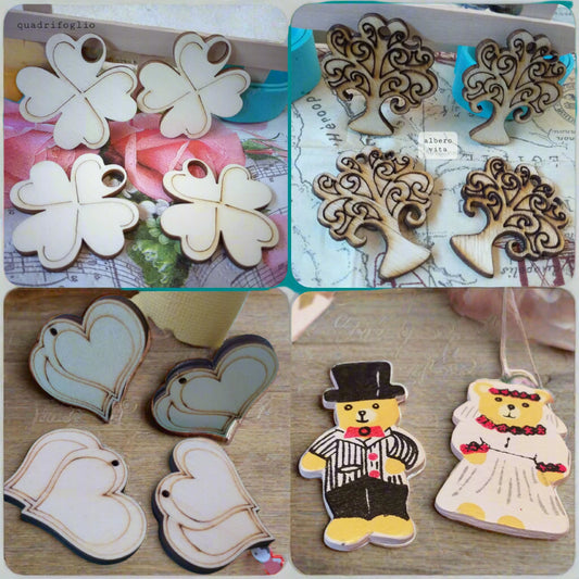 quadrifoglio albero della vita doppio cuore coppia sposini piastrine di legno applicazioni scrapbooking ciondoli legnetti decorazioni per bomboniere e confezioni regalo chiudipacco fai da te packaging