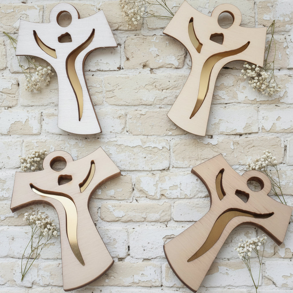 Ciondolo croce tau legno francescana bomboniere comunione cresima articoli religiosi oggetti sacri icone souvenirs ricordini fai da te applicazioni eco-friendly green