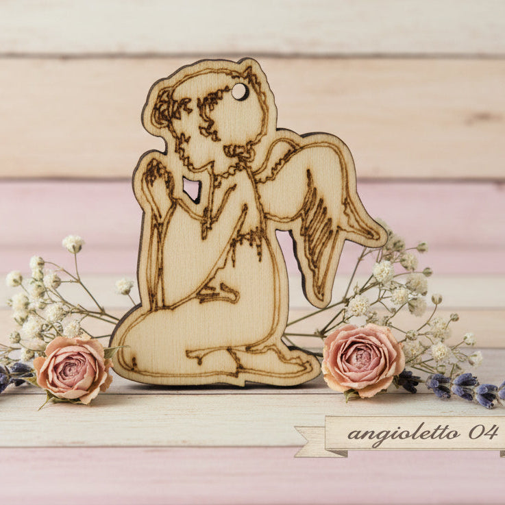 angelo shabby articoli religiosi ciondolo legno angioletto in preghiera oggetti sacri per bomboniere comunione cresima battesimo fai da te decorazioni applicazioni legnetti piastrine