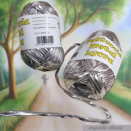 argento chiaro colore 11 lycra metal poliestere elastane 100 grammi 45 metri laminata metallizzata lamè fettuccia borse uncinetto crochet clutch bags pochette da cerimonia matrimonio sera regali cestini per handmade ferri maglia gomitolo