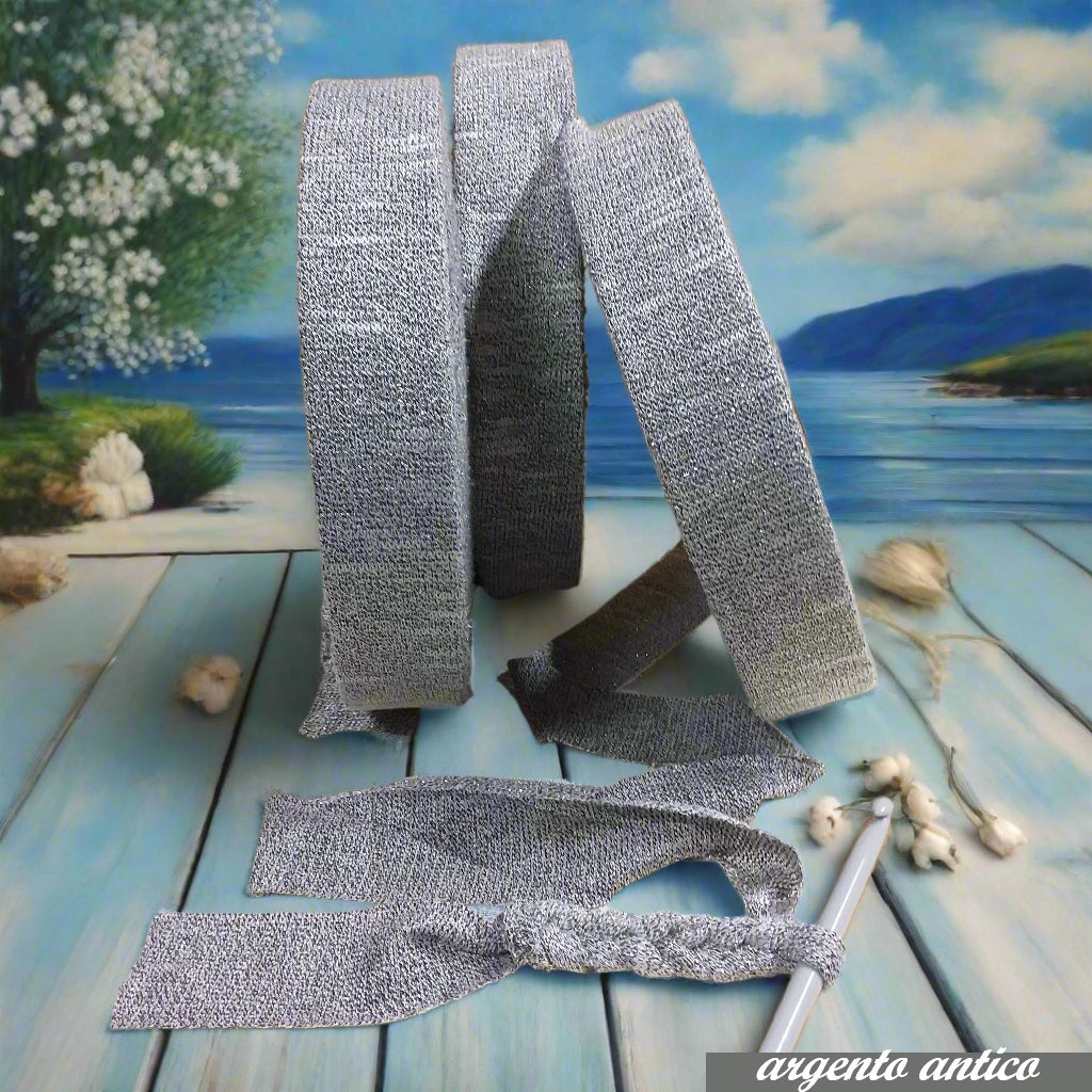 argento antico lustrini lycra brillantinata vetrina feste matrimonio pasqua lurex lamè fettuccia elasticizzata glitterata per uncinetto borse cestini packaging regalo