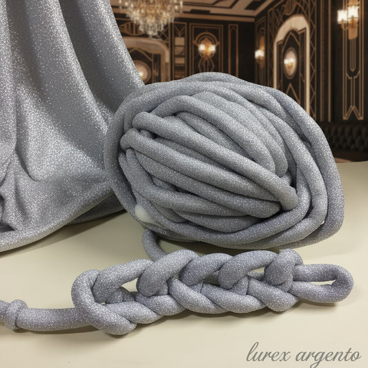 argento lurex glitter brillantini lamè fettuccia ripiena marshmallow filato borse gigante grosso spesso imbottito chunky bags tubolare intrecciare a mano senza uncinetto pochette