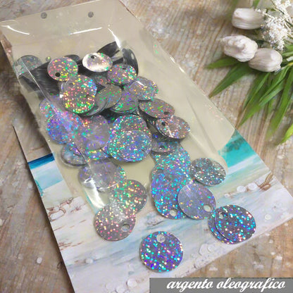 grandi giganti paillettes argento oleografico da 25 mm foro 5 mm per borse uncinetto pochette di fettuccia thai lycra lurex clutch bags crochet knitting chunky