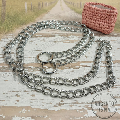 maglina 15 mm colore argento manico tracolla catena con moschettoni finali per borse uncinetto e pochette