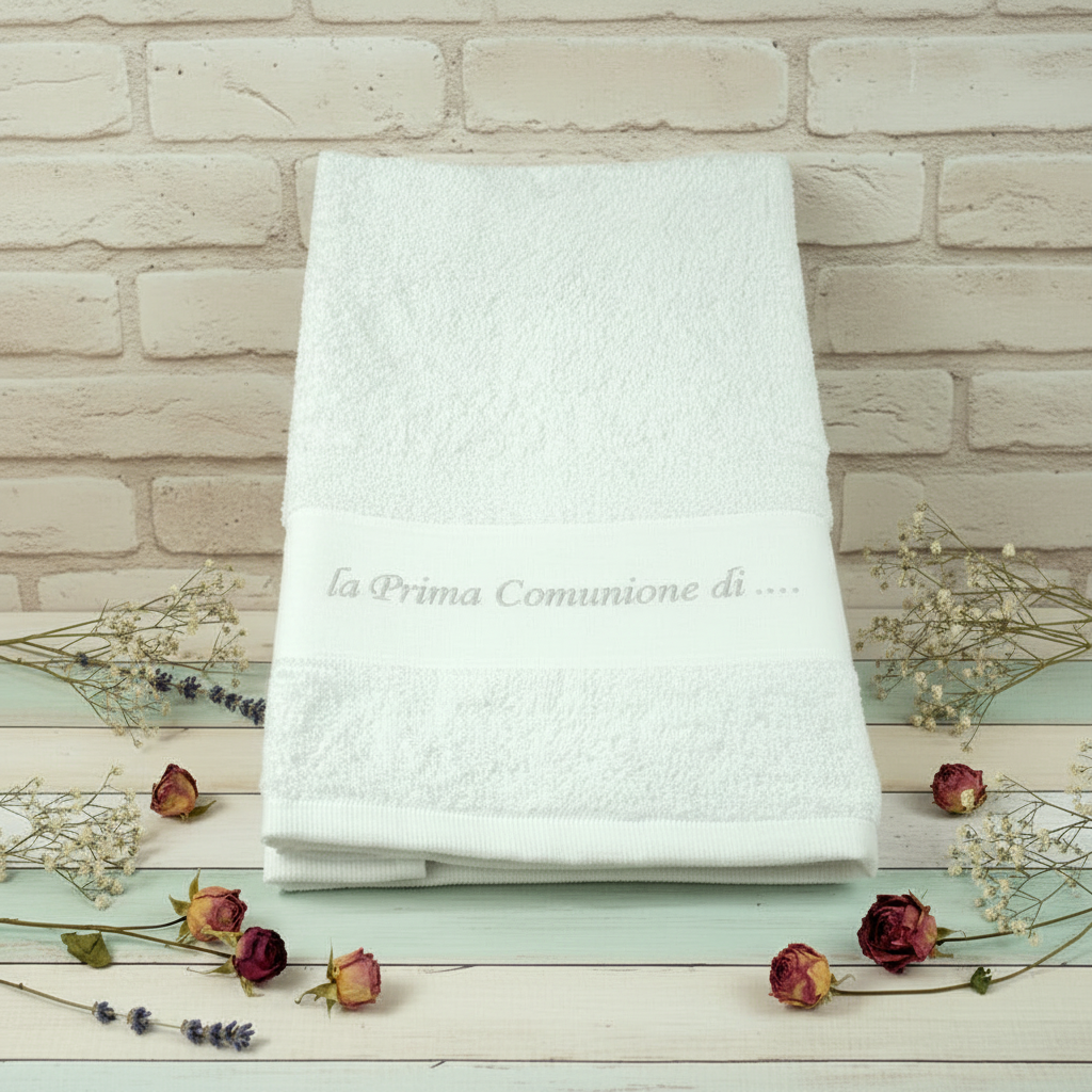 esempio ricamo scritta punto croce su salvietta asciugamano ospiti lavetta bagno cucina bianca ricamabile con fascia tela aida 55 quadretti